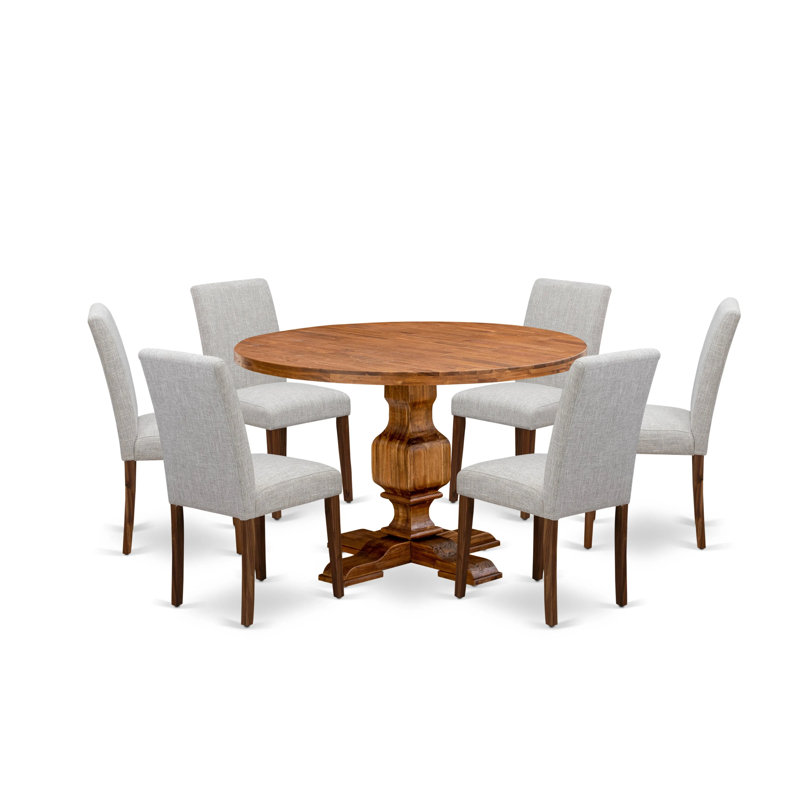 7 Piece Dining Set Consist of a Round Dining Room Table with Pedestal and 6 Doeskin Linen Fabric Upholstered Parson Chairs, Antique Walnut