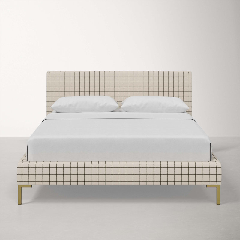 Lit plateforme tapissier Bilkis, Simple, Rayures grises Shibori, Ligne verte Tattersall