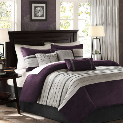 Édredon en faux daim très grand - mauve - 7 pièces, tissu doux, 3 coussins décoratifs, 2 taies décoratives, 1 jupe de lit, suède PC lavable, conception à pièces, fer à repasser assorti