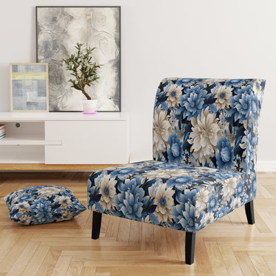 Fauteuil d'appoint bleu et blanc à motif floral zen et apaisant - Fauteuil de style campagnard en velours,