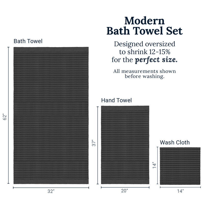 Waffle Bath Towel Set – 6-Piece 100% Natural Cotton Quick-Drying, Absorbent, Modern Style, Faded Black