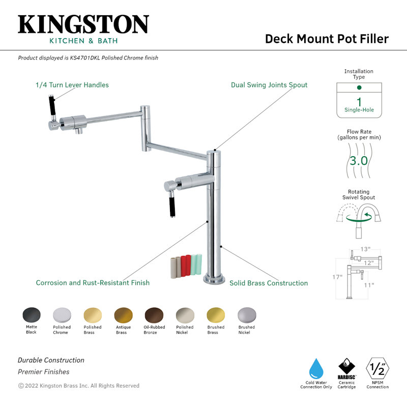 Kingston Brass Kaiser Two-Handle 1-Hole Deck Mount Pot Filler Faucet, Oil Rubbed Bronze