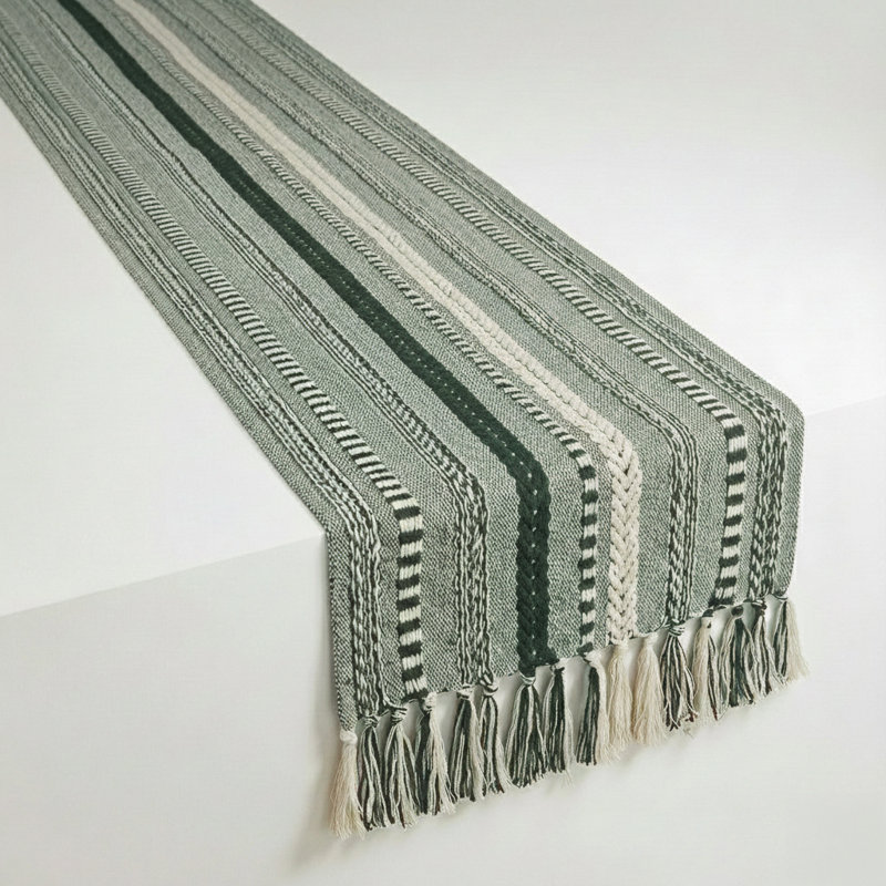77" Long Farmhouse Braided Stripe Cotton Table Runner with Macrame Fringe, Dark Green