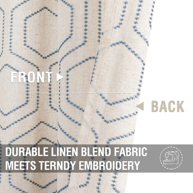Linen Textured Honeycomb Embroidered Design Living Room Curtain Drapes, Blue, 54" W x 84" L