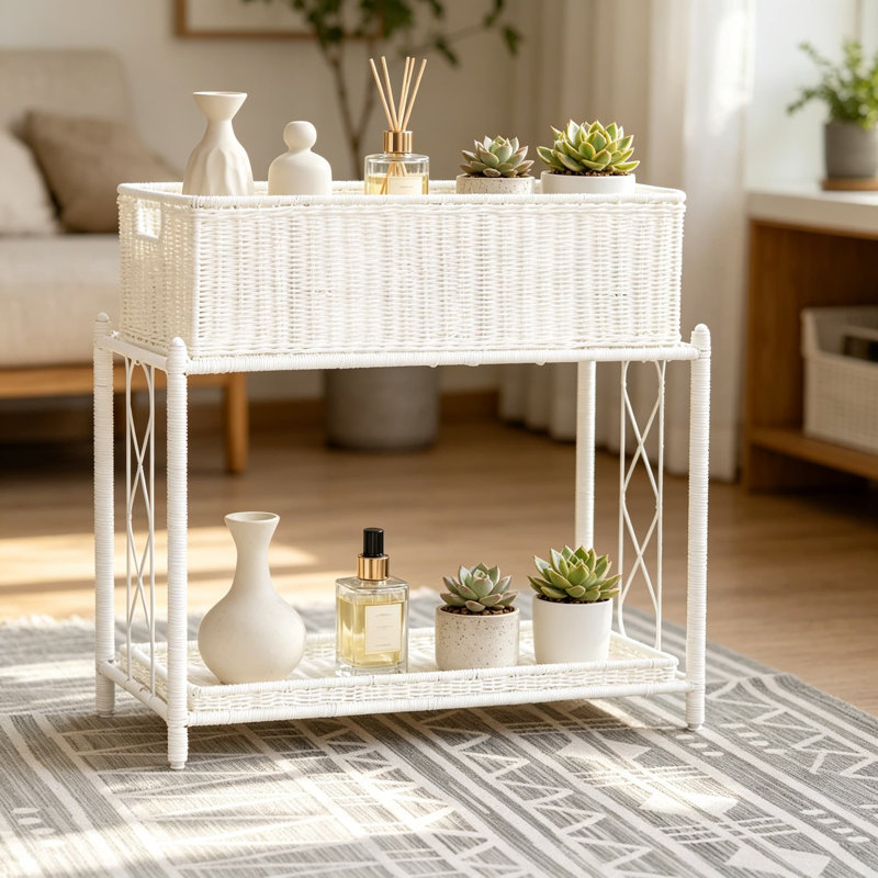 Support pour plante à deux niveaux avec tablettes interchangeables, conception en résine tissée durable pour une utilisation intérieure et extérieure