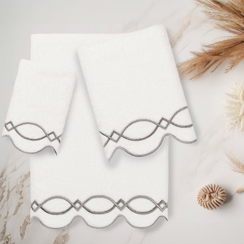  Ensemble de serviettes 100% coton turque à motif festonné 3 pièces, Ensemble 3 serviettes de bain, Blanc / Gris