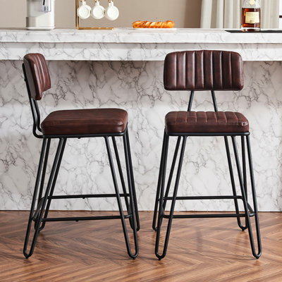 De 2 tabourets de bar industriels, chaises de hauteur comptoir avec revêtement en cuir de polyuréthane brun et structure en métal, repose-pieds rétro pour la cuisine, la salle à manger, les tabourets de maison 2 pièces, les chaises à cadre et la salle à manger, le bar,