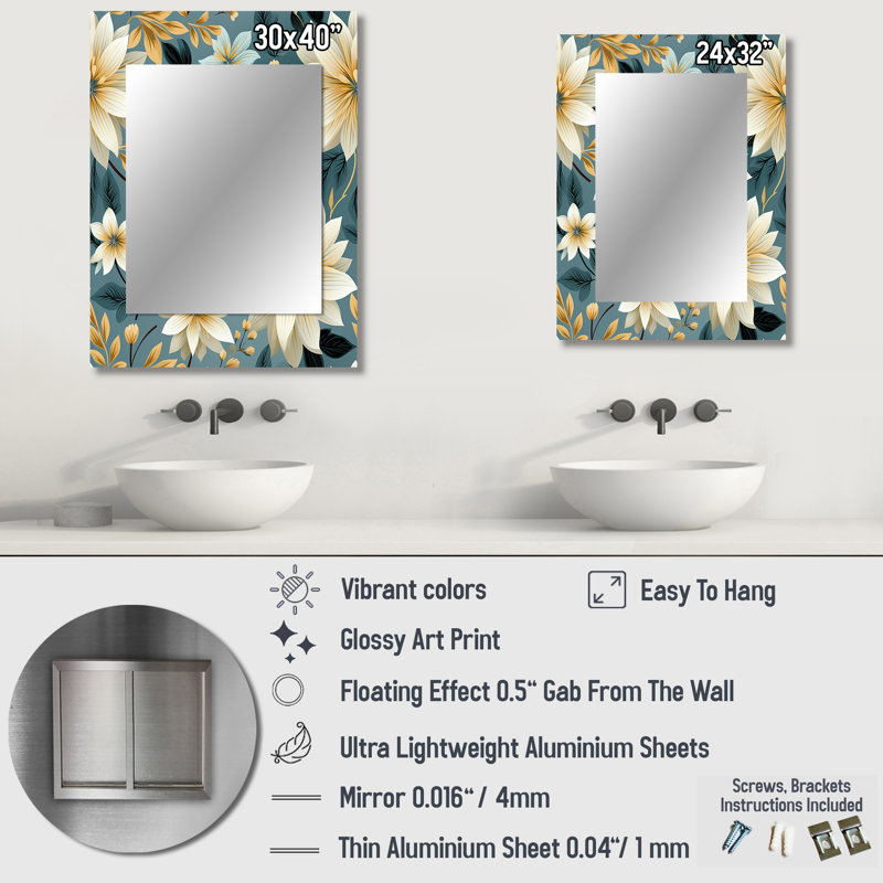 Aéron bleu et or géométrique harmonie florale fusion - décor de miroir mural unique floral, 32 po x 24 po