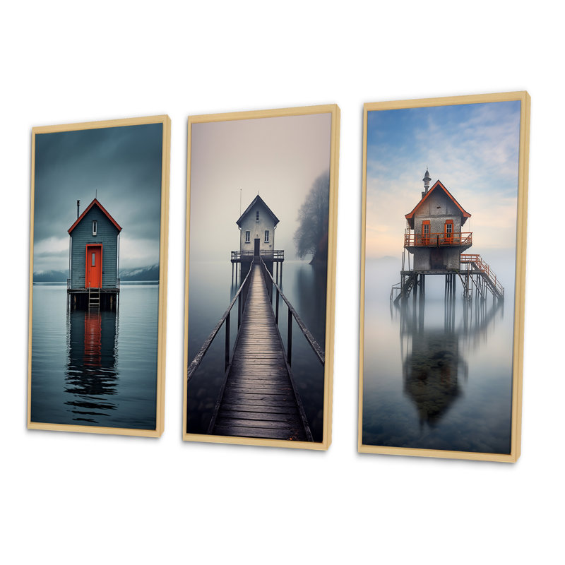 «Little Wooden Lakehouse Pier On A Misty Lake Day», 3 pièces, Encadré naturel, H 60 po x l 40 po