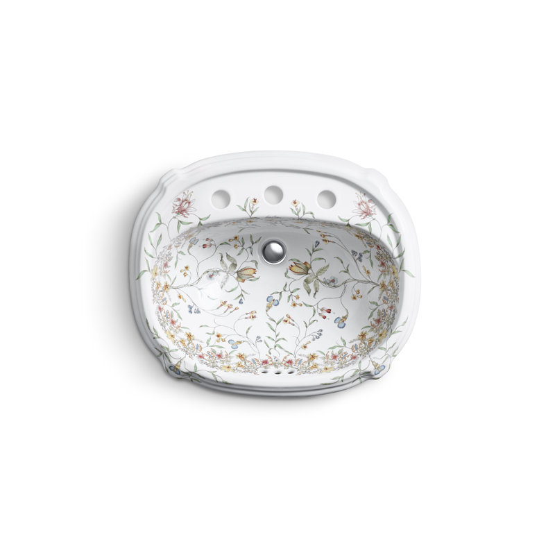English Trellis Ceramic Oval Drop-In Bathroom Sink with Overflow
