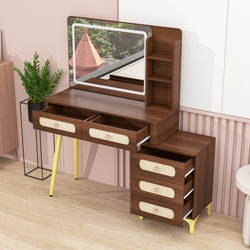 Meuble-lavabo 5 tiroirs avec miroir, éclairage réglable et tablettes de rangement, Brun
