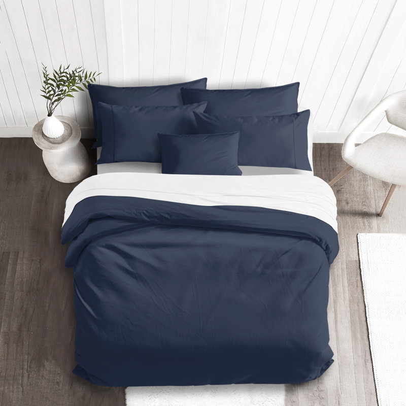 Ensemble de housse de couette 100% satin de coton Everleigh, Housse de couette double + 5 pièces supplémentai, Bleu marine