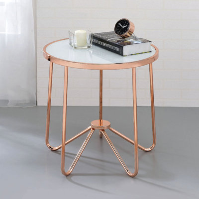 Rose Gold Finished Round End Table With 5Mm Tempered White Frosted Glass And Metal Trim, Kd, Tube Base, 22 Inches, 11 Lb Top Coffee Trim For Decor In Living Room, Tempered, Inches Dimensions,