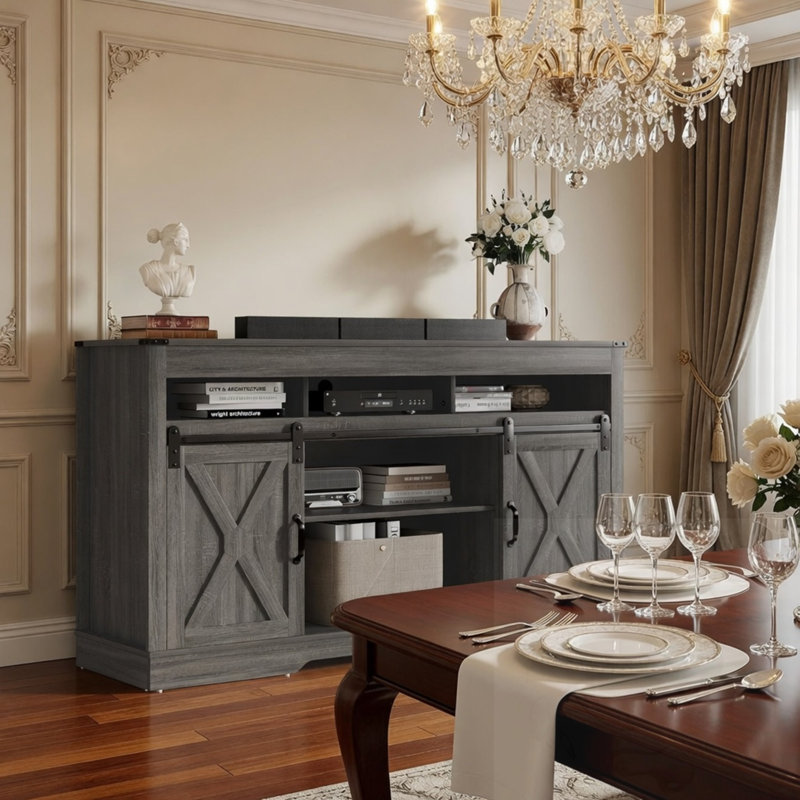 Meuble télé avec portes de grange coulissantes et rangement, Dark Grey