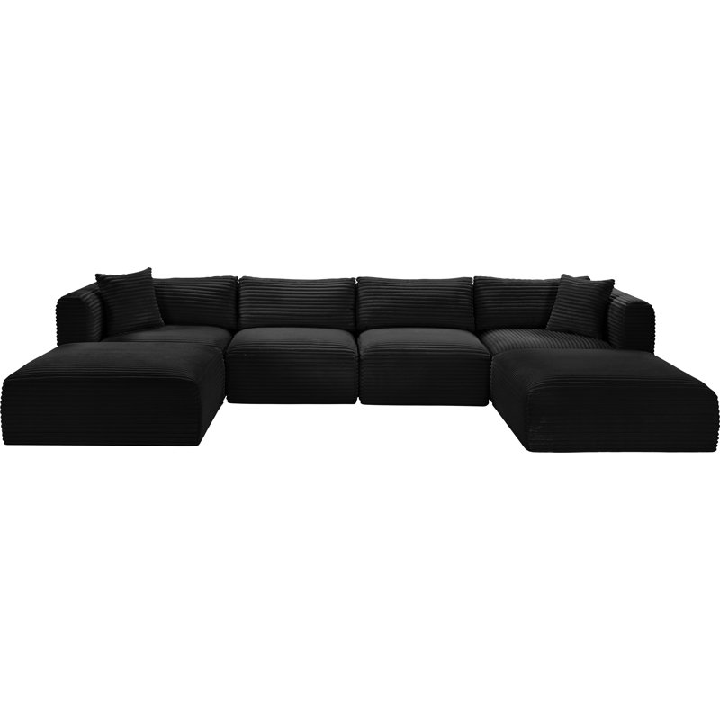 Canapé modulaire Carmean, Tissu velours côtelé texturé noir, 2 repose-pieds sans accoudoirs, 2 en coin, 2 repos