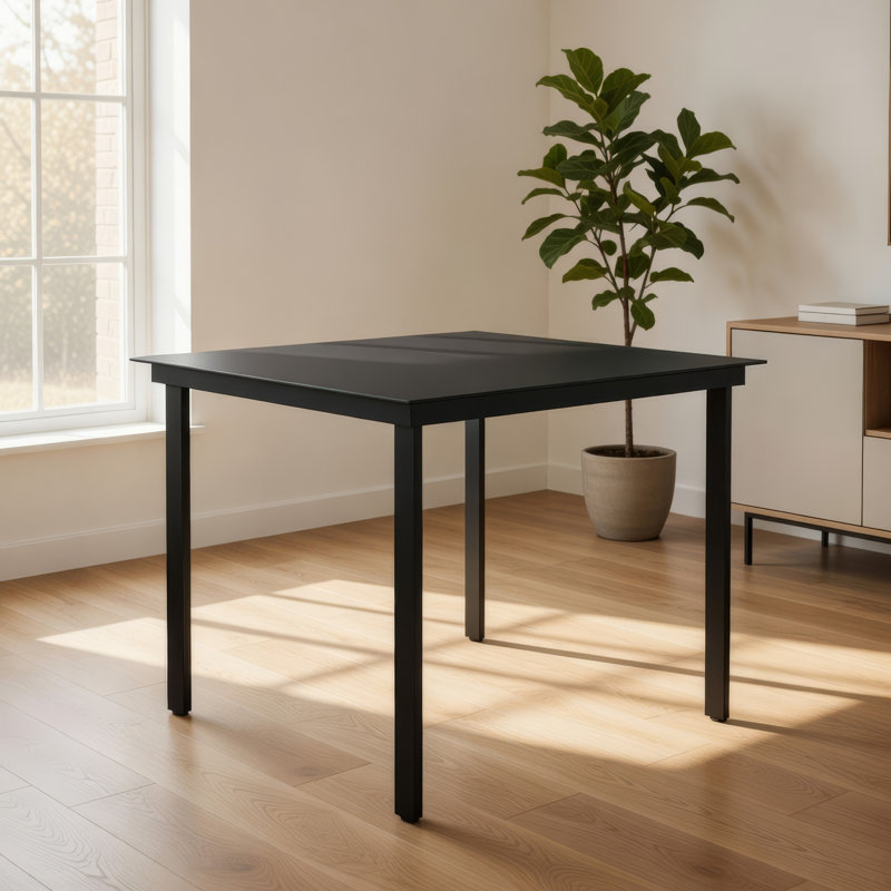 Table de salle à manger d'extérieur, plateau en verre carré de 32 pouces, pieds en métal noir