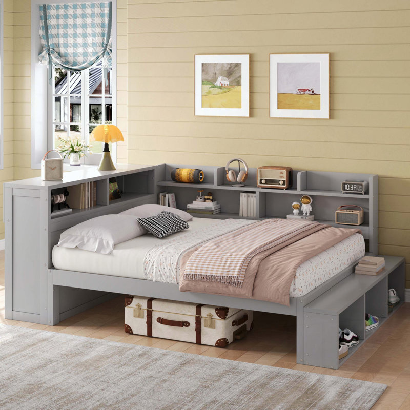 Lit de jour double avec armoires de rangement, armoire à chaussures et ports USB, Gris