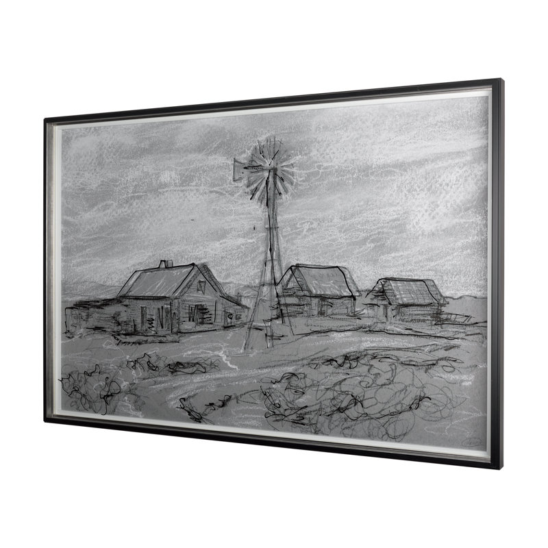 Farm view sketch I a Hand Embelished Textured Framed Art Print Matted under Glass