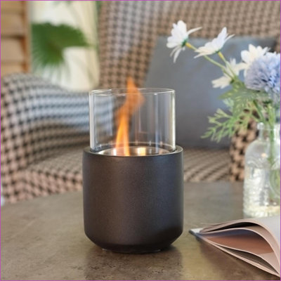 Tabletop Fireplace, Mini Concrete Ethanol Fire Bowl with Lid | Dark Grey | Concrete