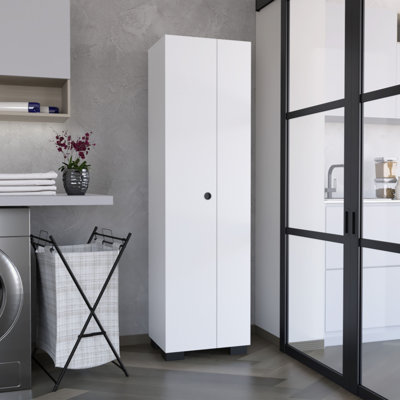 Lake Broom Cabinet Slim-Design Storage Solution With Inner Shelves And Side Broom Hangers White