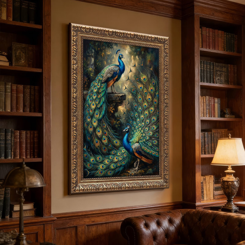Art mural en toile noyer doré encadré pour le salon, la chambre à coucher, le bureau ou le vestibule - Décoration murale décorative avec forêt de paons