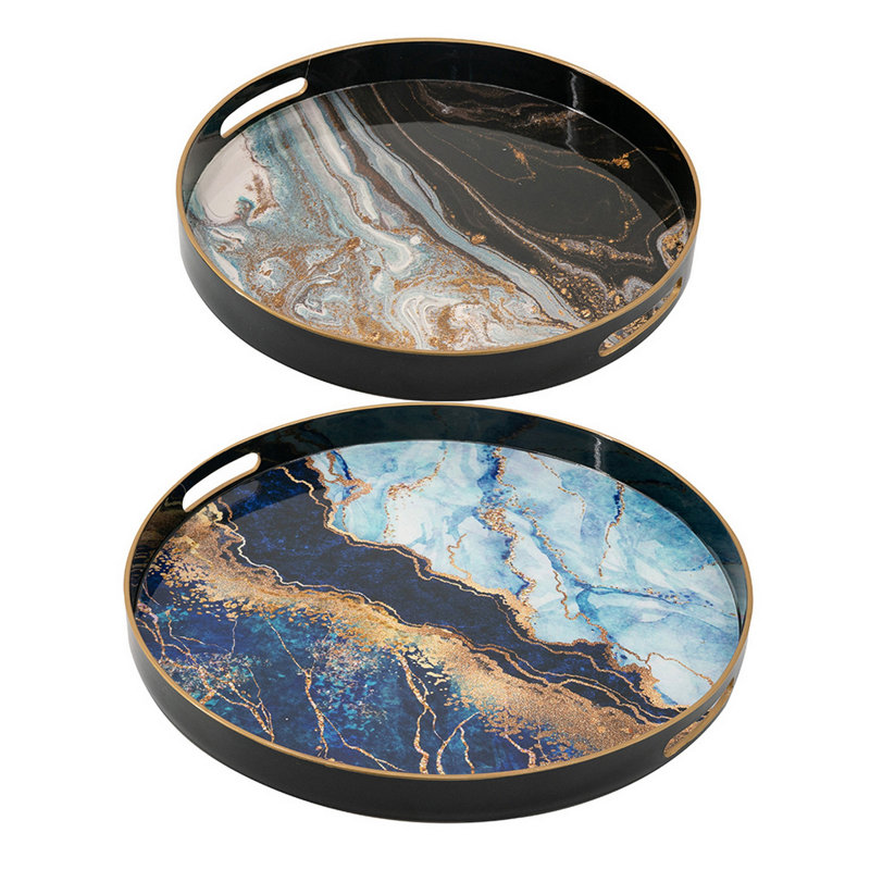 Ensemble de 2 plateaux décoratifs Maycie, jantes hautes, faux marbre, bleu, or