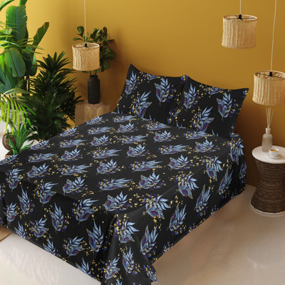 Ambesonne Night Jungle Sheet Set Leafy Pattern Hues Art Charcoal Grey Indigo