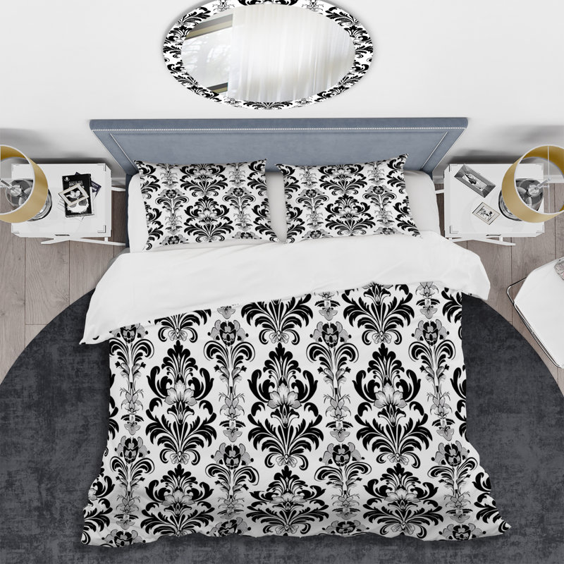 Ensemble de housse de couette transitionnel noir et blanc damassé Glamour II