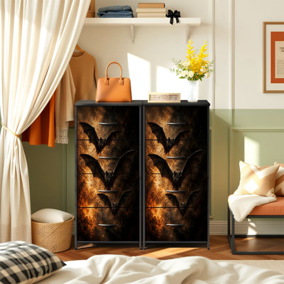 4 Drawer Vertical Storage Dresser Bats Dramatic Fiery Sky Dusk Artwork with Wood Top Fabric Pull Drawers