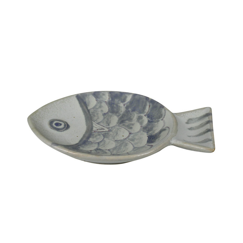 Plateau à poisson, céramique - petit, 4" W x 6" D x 1" H, Blanc / Bleu