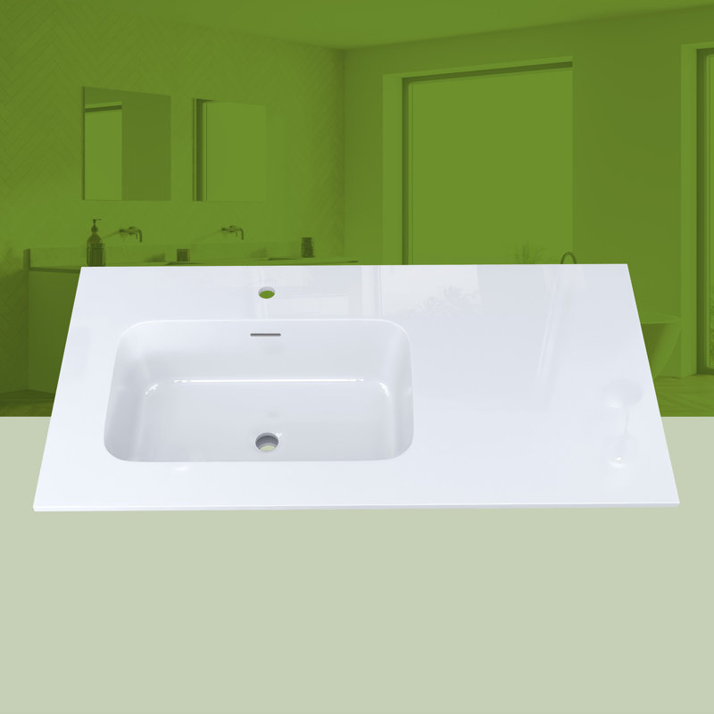Dessus de meuble-lavabo à surface solide de 42 pouces avec lavabo intégré à gauche, comptoir mince de 0,56 po d'épaisseur, design moderne blanc éclatant, léger et facile à installer