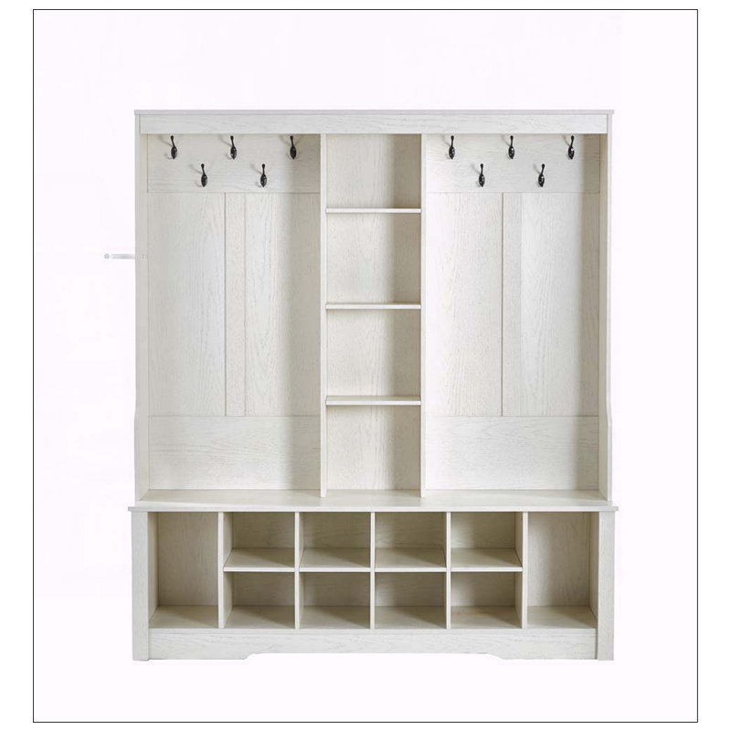 White Hall Tree with Adjustable Shoe Storage and Hooks