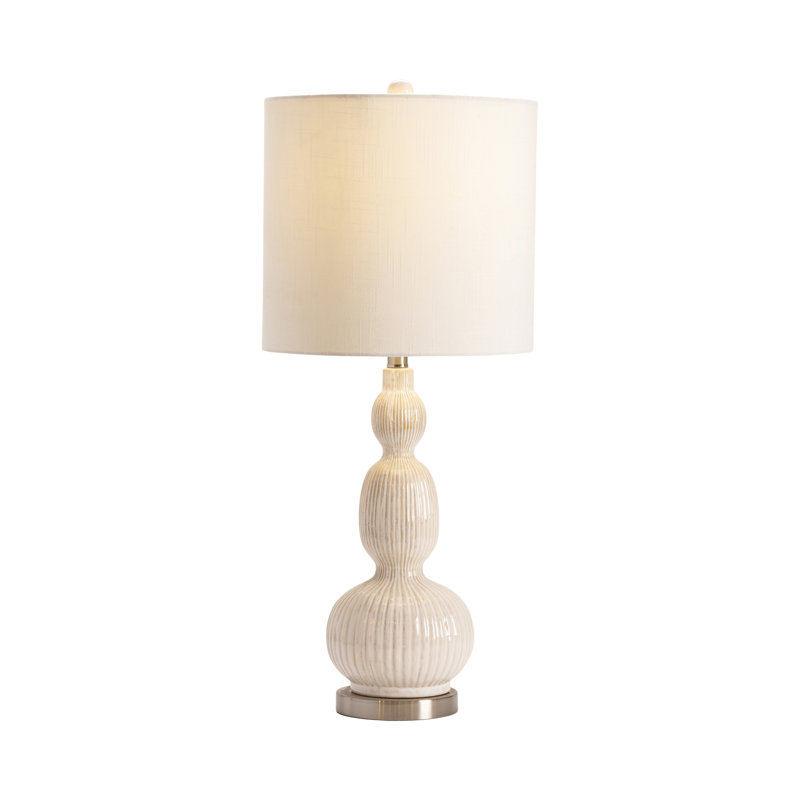 White Triple-Gourd Ceramic Table Lamp With Ribbed Texture