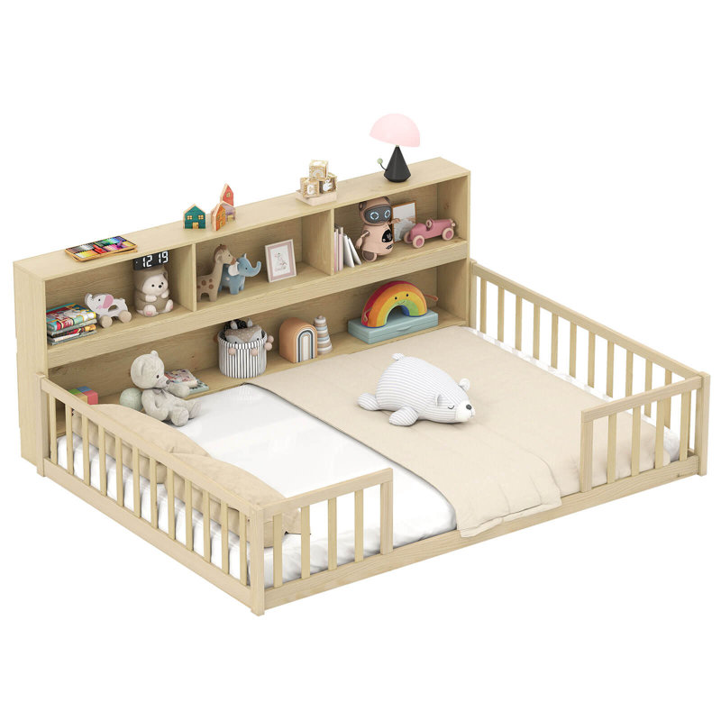 Full Size Montessori Floor Bed with Bookcase Storage Shelves & Safety Fence Rails Natural, Natural, Full