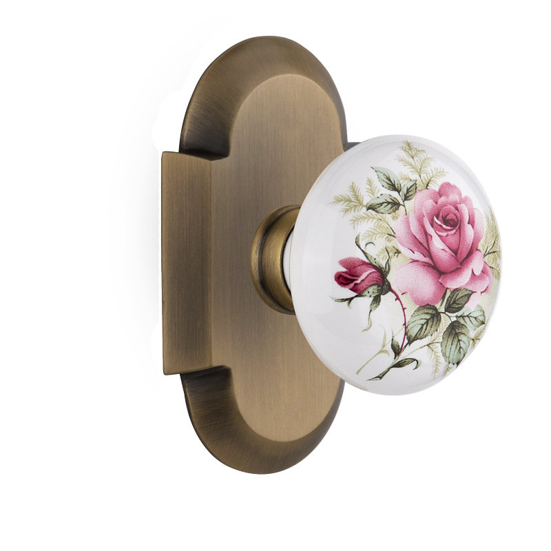 Cottage Plate with White Rose Porcelain Door Knob, Antique Brass, 2.375"