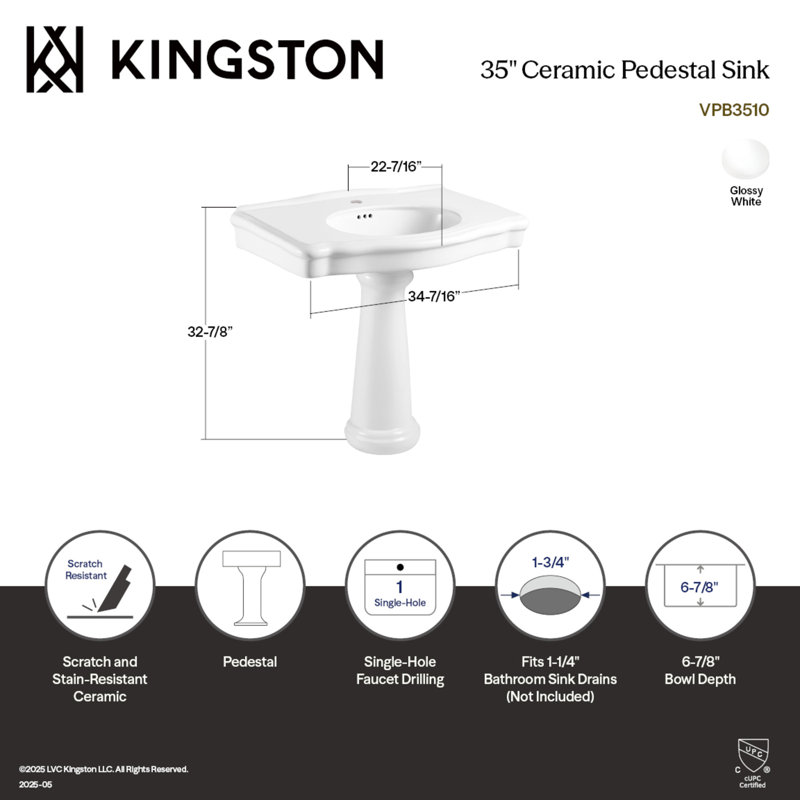 Kingston Brass Sovereign 35-Inch Ceramic Pedestal Sink, Single 