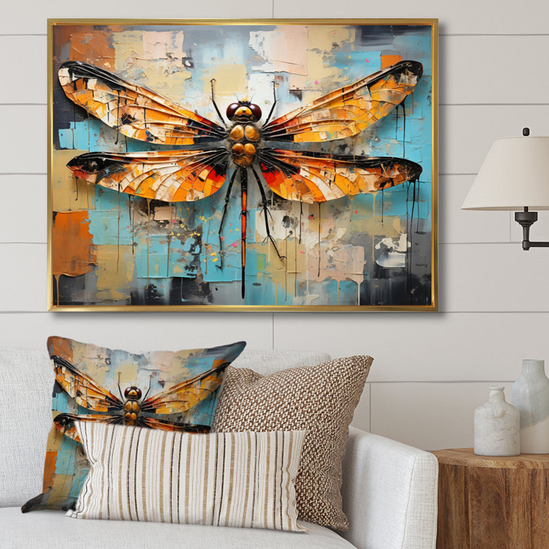 «Orange Dragonfly Insectes Flight Collage I», reproduction sur toile, Cadre flottant doré, H 30 po x l 40 po x P 1,5 po