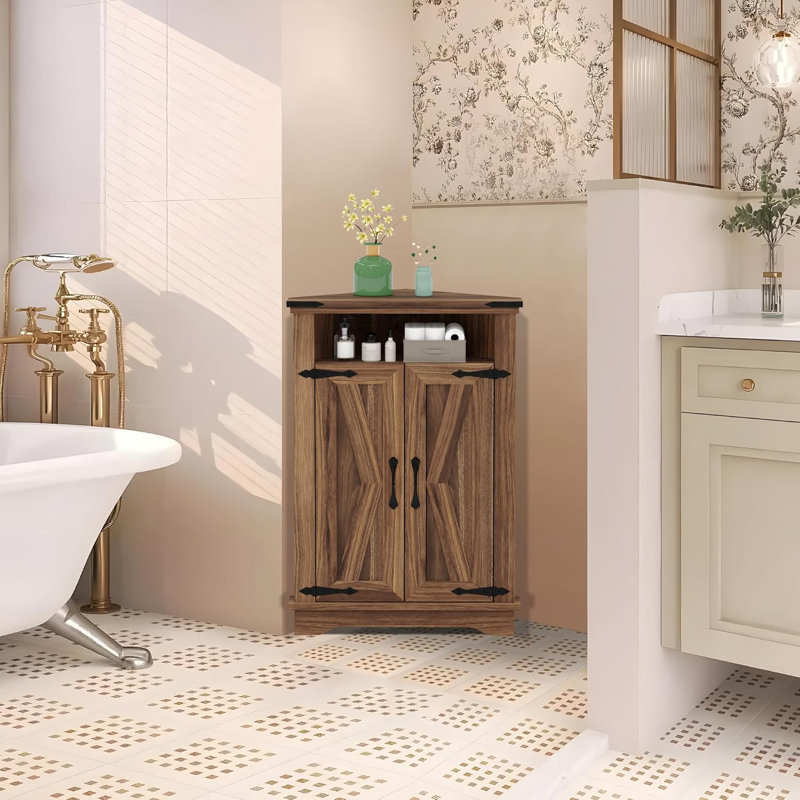 Petite armoire d'angle avec portes de grange, tablette réglable, table de salle de bain de ferme avec rangement, Brun