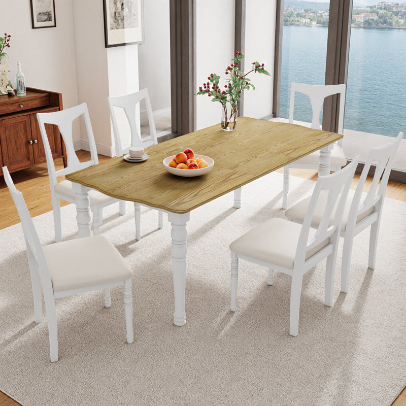 Ensemble de maison de campagne extensible 7 pièces 60 à 78 po - Feuille amovible de 18 po, plateau en placage de chêne, 6 chaises rembourrées beiges, table de 350 lb / sièges de 250 lb