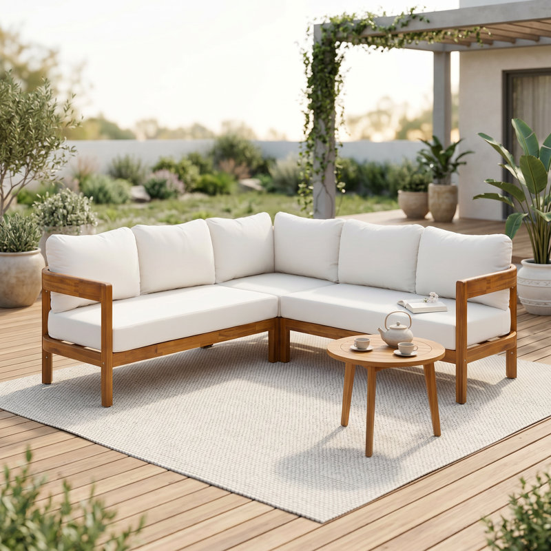 79.1" Acacia Solid Wood L-Shaped Patio Sofa, Outdoor Sectional With Thick Cushions, White
