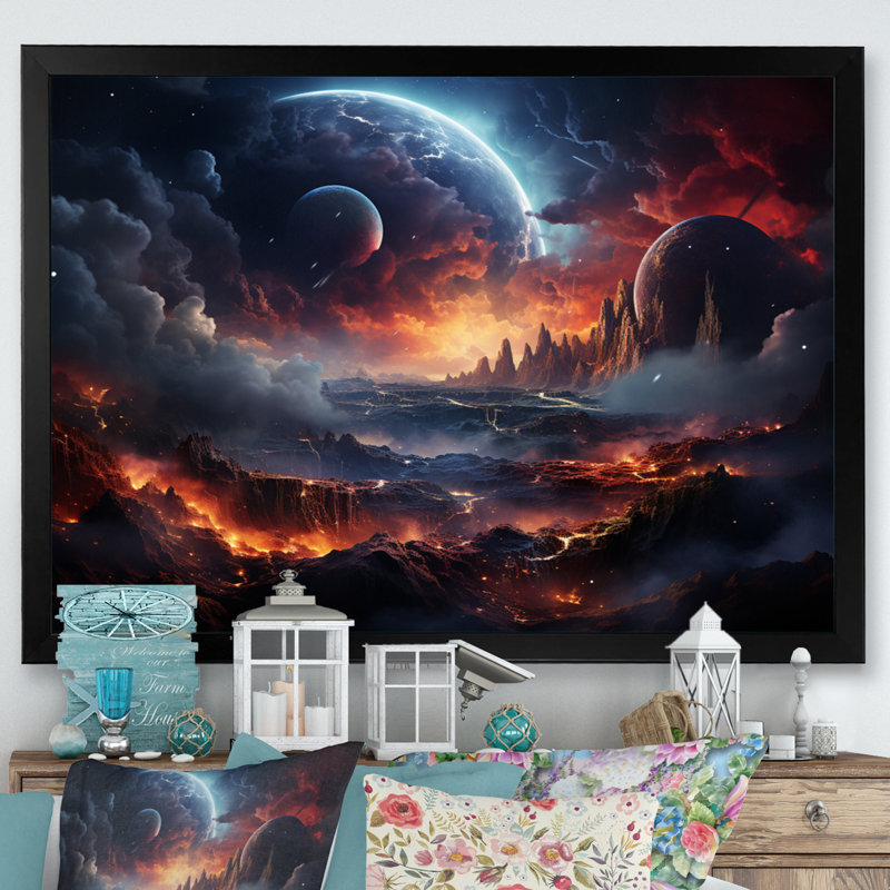 Orange, noir, astronomique, espace, rêves II, H 30 po x l 40 po x P 1,5 po, Cadre simple noir