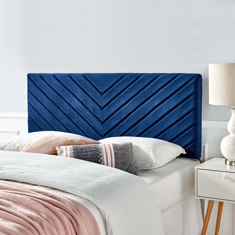 Alyson Angular Channel Tufted Performance Velvet Headboard, Navy, Full/Queen