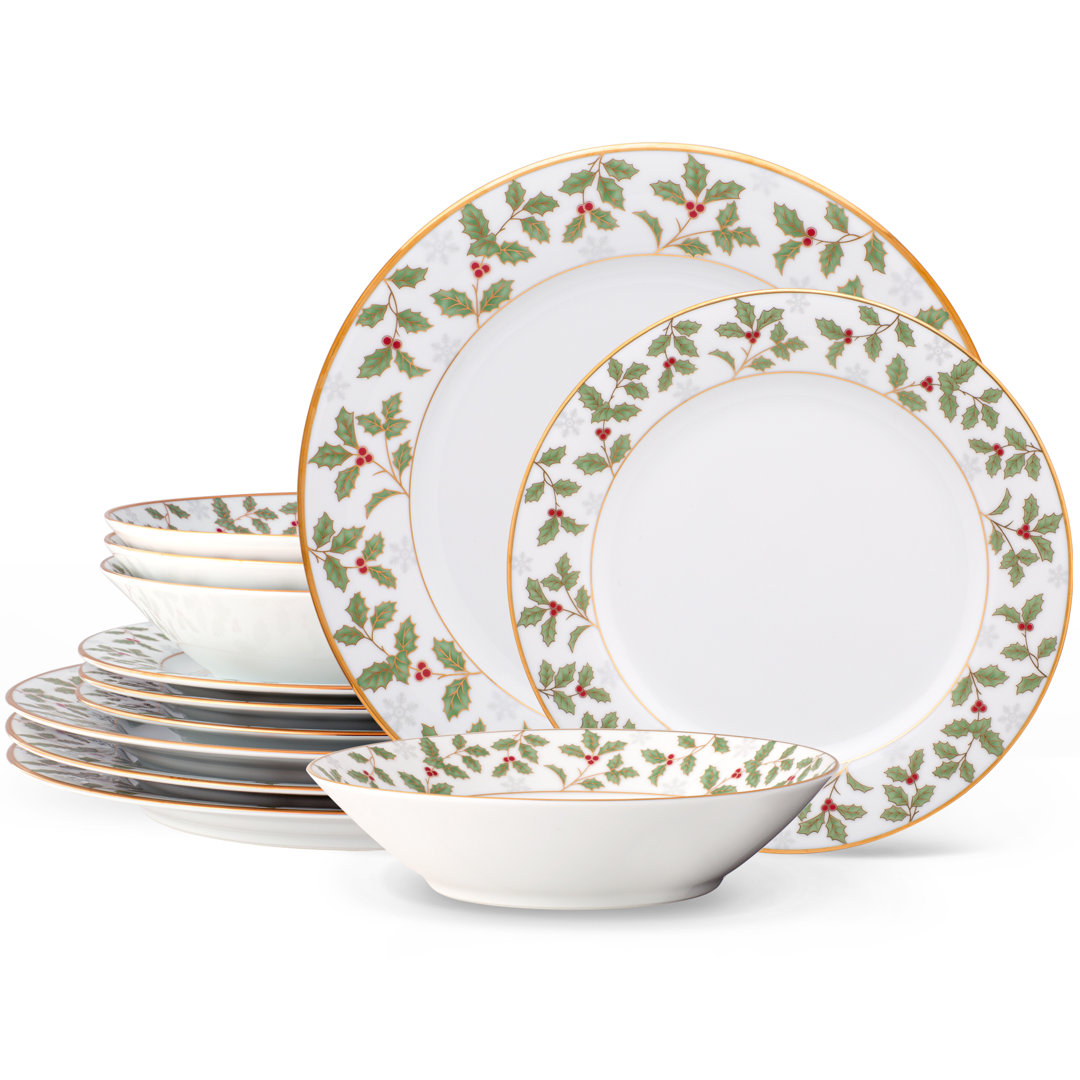 Noritake Holly and Berry Gold 12-Piece Dinnerware Set, Servicer For 4 Noritake