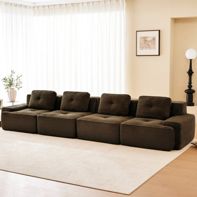 Canapé modulaire en velours côtelé brun à 4 places avec assise profonde, passepoil perlé, raccordement par boucle pour le raccordement au salon, base coulissante