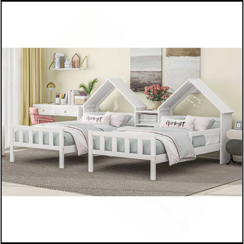 Lit plateforme simple double avec tête de lit en forme de maison et table de chevet intégrée, blanc