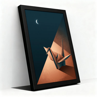 Grue en origami bronze et croissant de lune sur toile bleu foncé