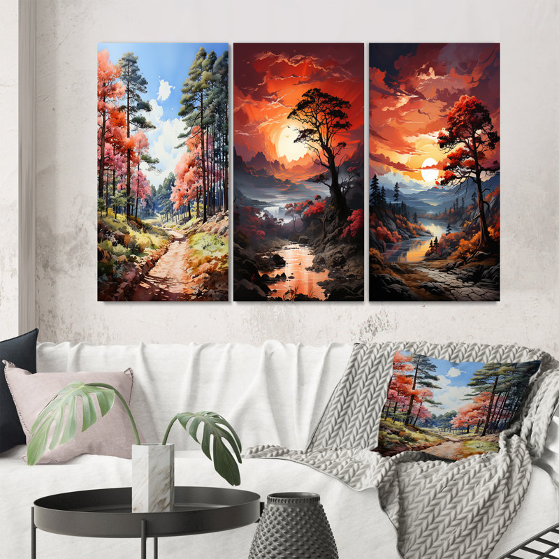 «Green Pine Tree Dancing Shadows», 3 pièces sur toile, Toile tendue, H 32 po x l 48 po