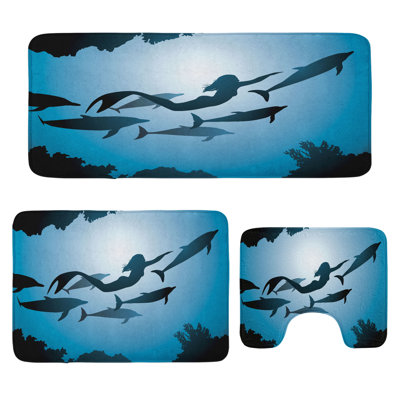  Underwater Bathroom Rug Set 3 Pieces U-Shape & Rectangle Mats Blue Black Petrol Blue