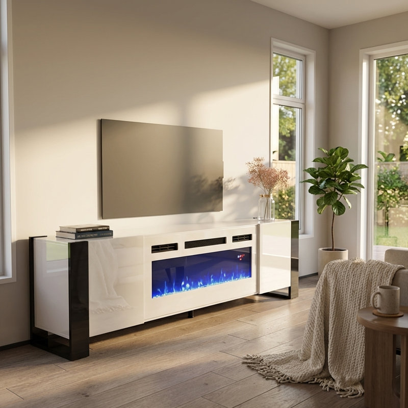 Rickeisha 77.2" Modern TV Stand with Electric Fireplace, High Gloss Finish, Media Storage, White/Black