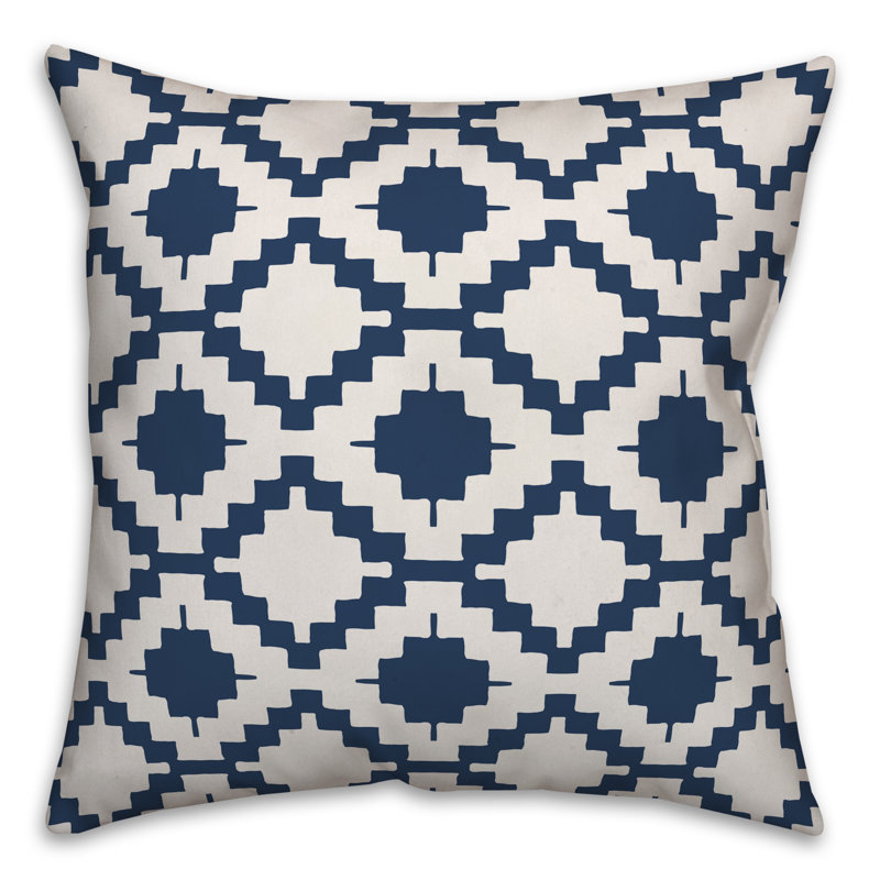  Coussin décoratif intérieur / extérieur Boho Aztec, Polyester / Bourre en polyester, 18 po x 18 po, Marine/ Blanc cassé